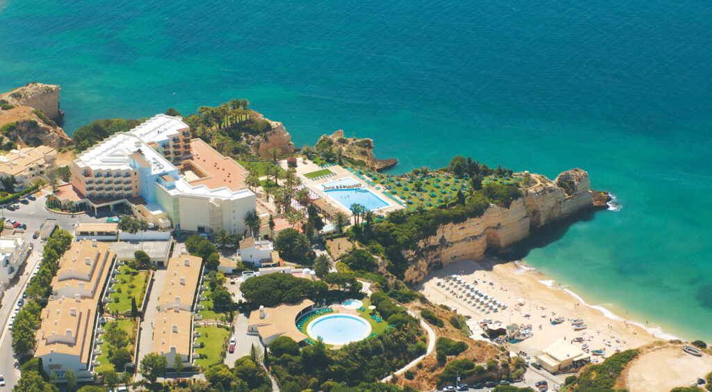  Aerial view of Pestana Viking Resort on the Algarve cliffs, luxury beachfront accommodation for corporate groups in Portugal