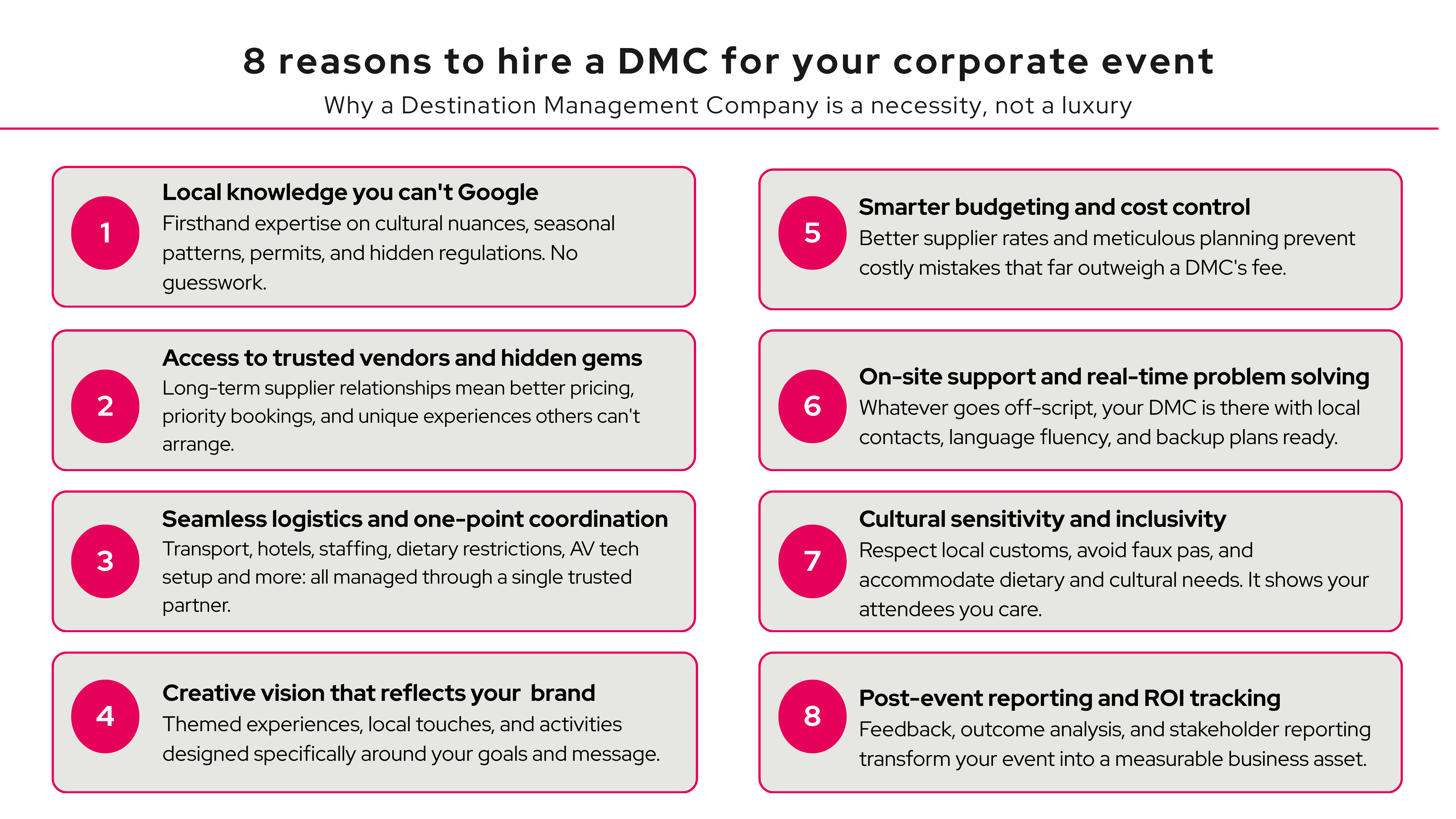 Infographic showing 8 reasons to hire a Destination Management Company for your corporate event