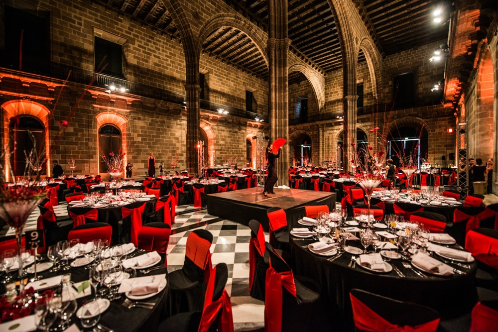 Elegant gala dinner setup at a corporate event venue prepared for guests, showcasing professional destination management services