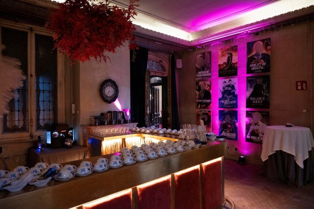 Art Deco style venue in Madrid with a bar counter and coffee break setup, elegant styling for corporate hospitality events