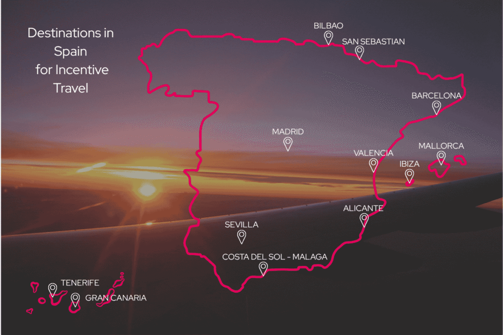 Map of most common regions in Spain for incentive travel shcu as Barcelona, Madrid, Sevilla, the Basque Country, the islands, the Canary Islands and Alicante and more