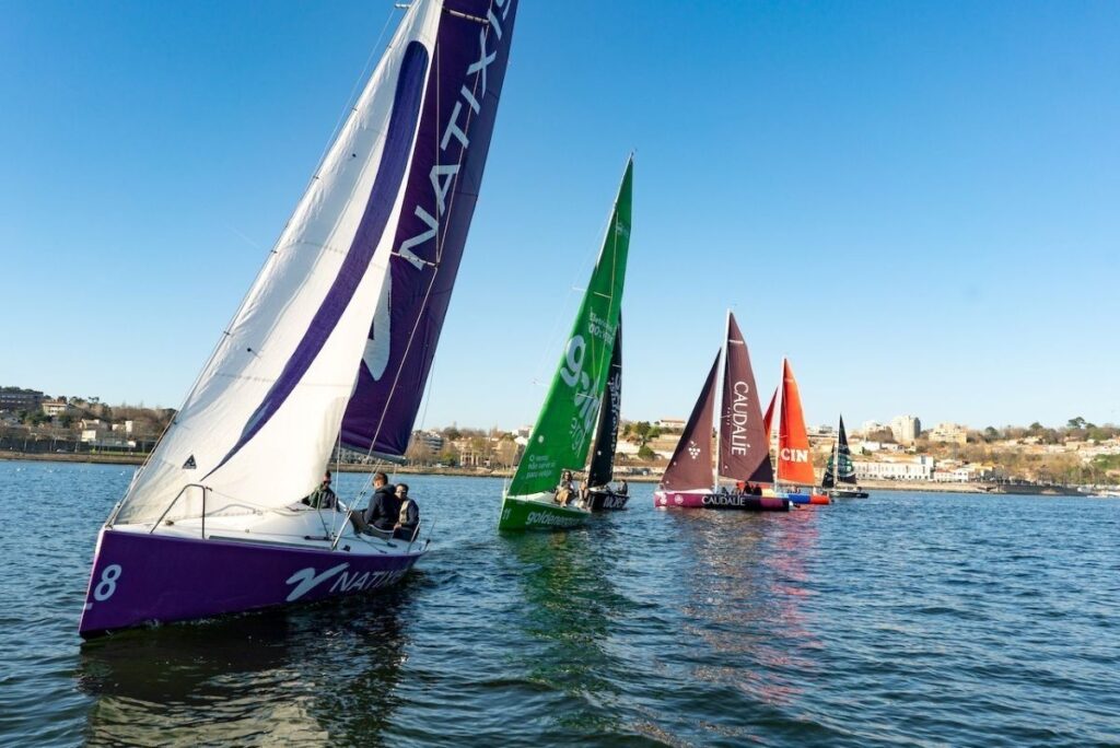 Sailboats racing on the Douro River past Porto's bridges