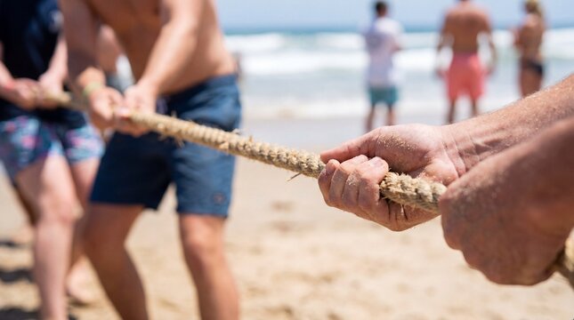 Corporate team competing in beach games at Malvarrosa Beach, Valencia